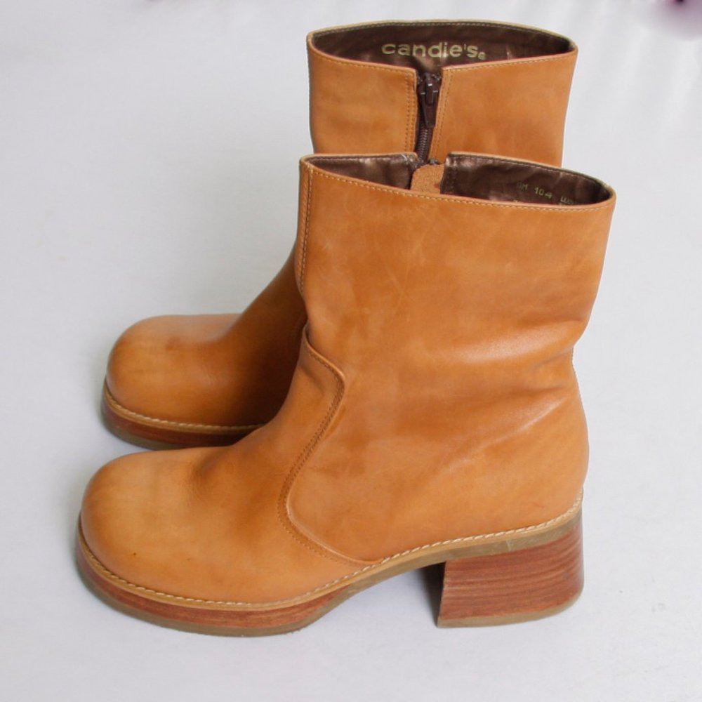 Vintage Candie's Boots Y2K 90's Chunky Block Heel Tan Leather 9